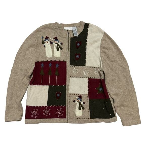 Vintage Wool Angora Rabbit Zip Up Patchwork Christmas Holiday Sweater Jacket XL - Picture 1 of 12